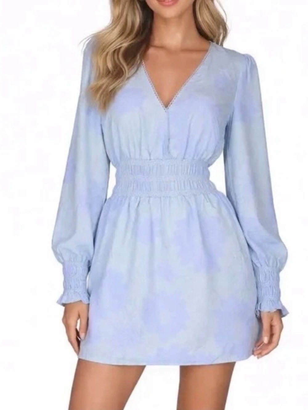 Wayf Women’s Mini Dress Size Large Mint Sunflower Delancy Smocked Waist Cuffs